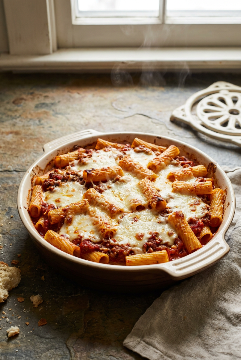 classic three-cheese rigatoni bake with savory meat sauce recipe - Classic Three-Cheese Rigatoni Bake with Savory Meat Sauce served in a white bowl overhead view
