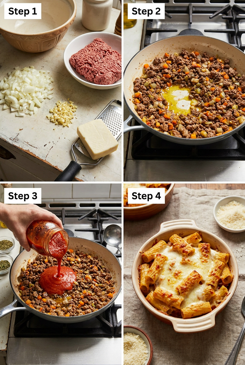 how to make Classic Three-Cheese Rigatoni Bake with Savory Meat Sauce step by step