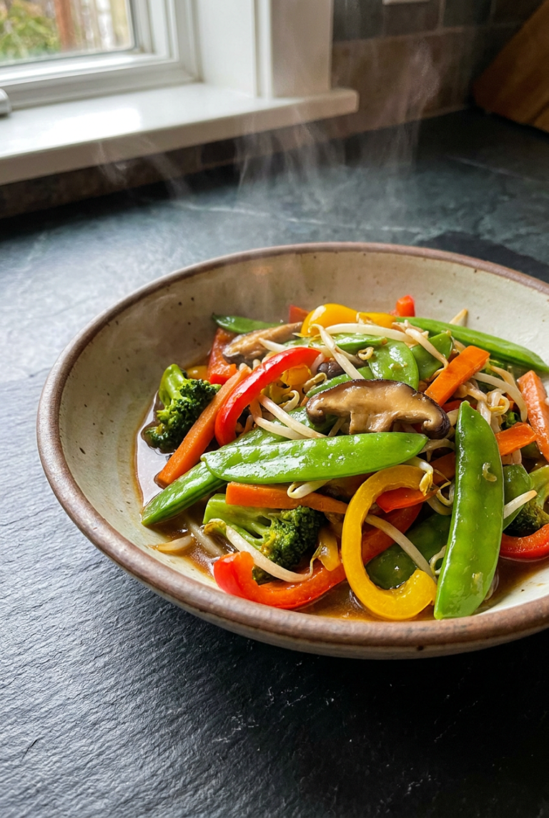 colorful asian vegetable stir-fry recipe - Colorful Asian Vegetable Stir-Fry served in a white bowl overhead view