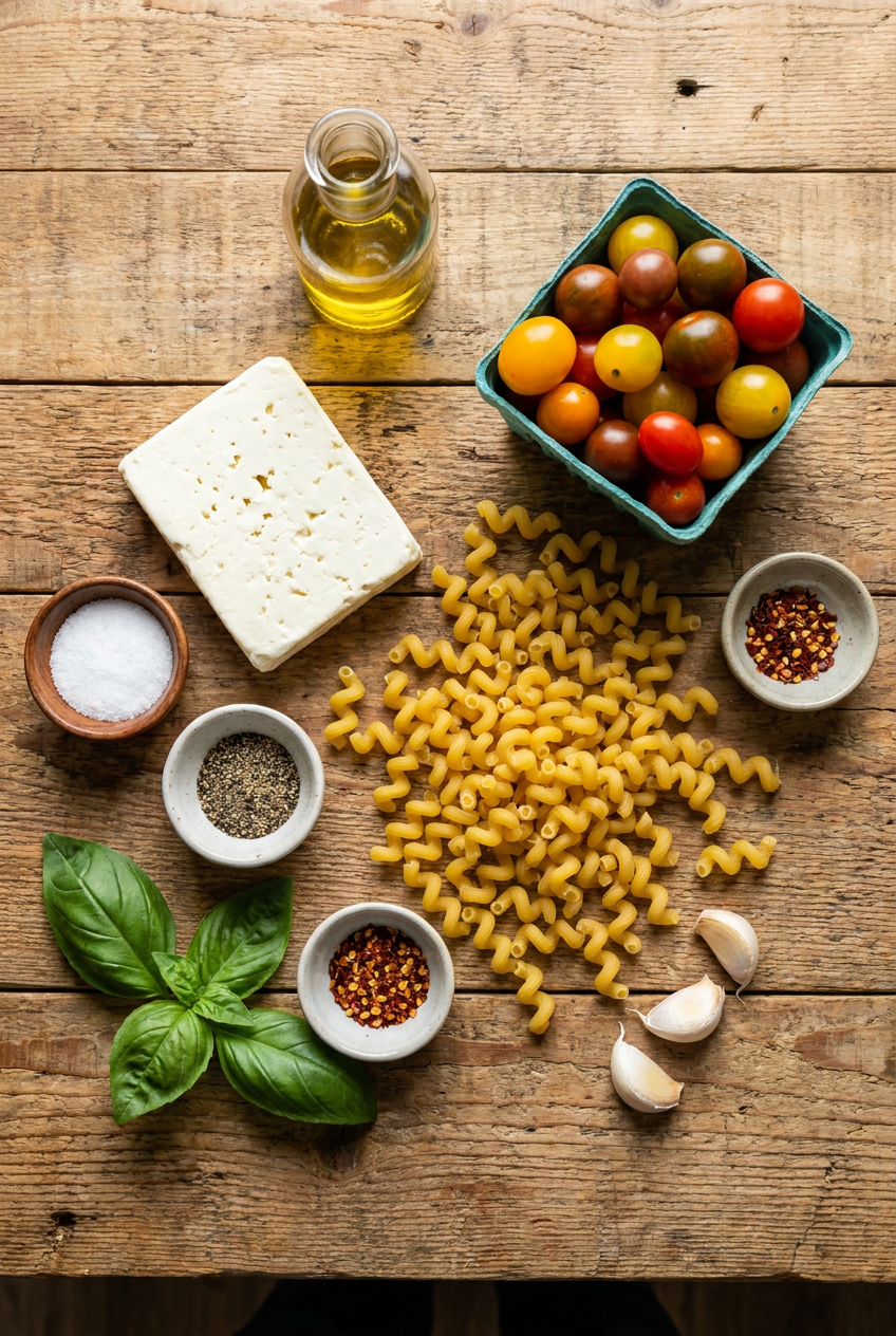 ingredients for Creamy Baked Feta and Cherry Tomato Pasta
