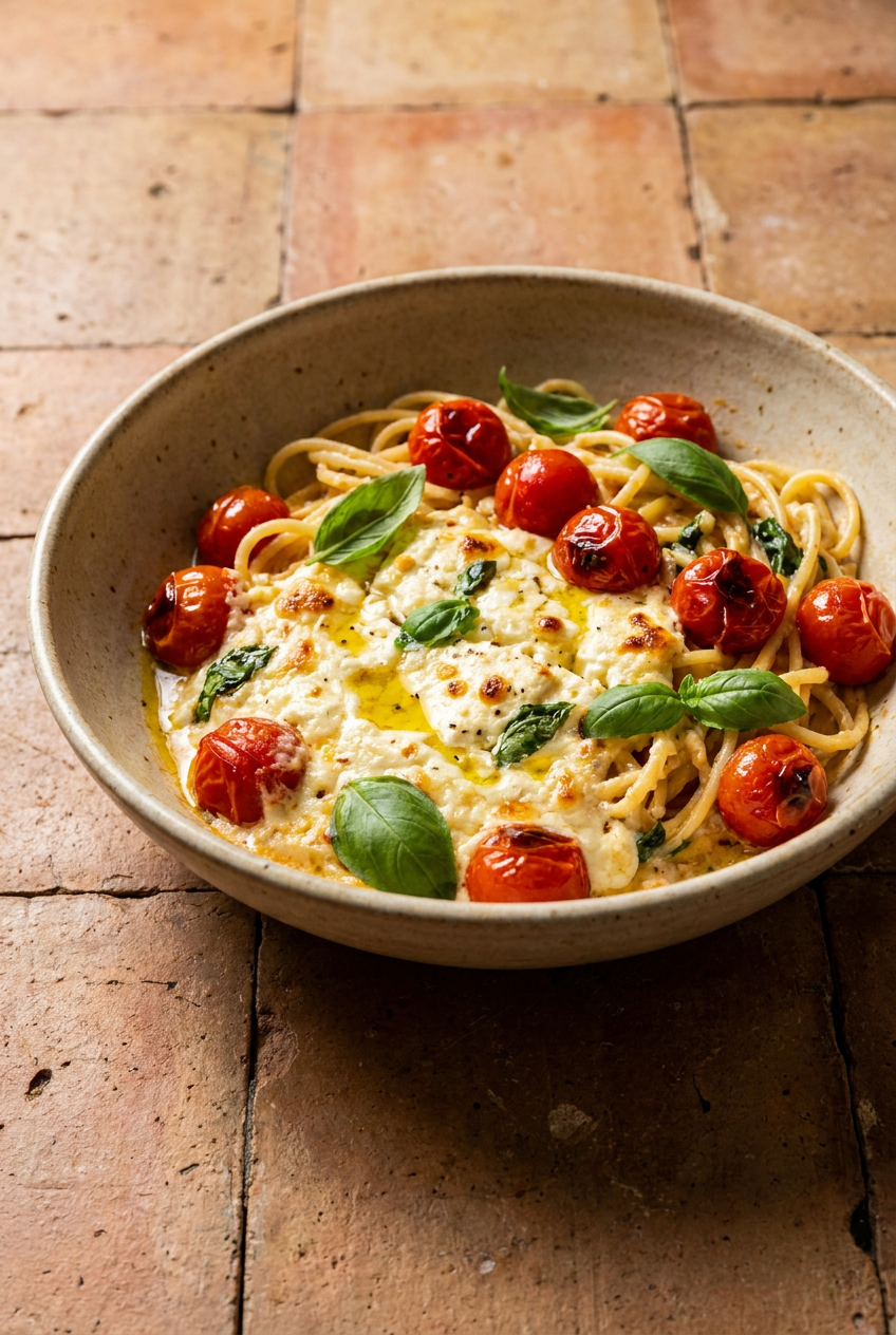 creamy baked feta and cherry tomato pasta recipe - Creamy Baked Feta and Cherry Tomato Pasta served in a white bowl overhead view