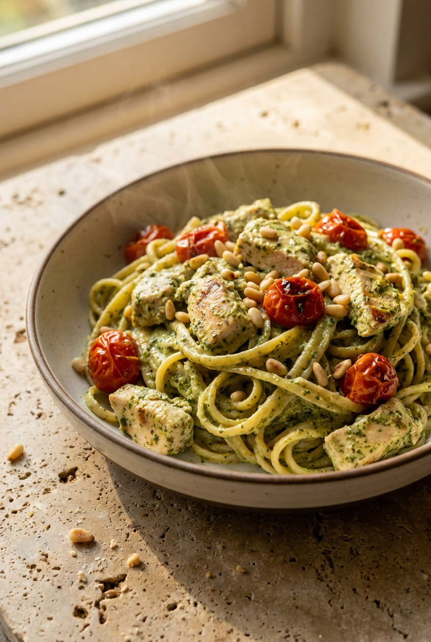creamy chicken pesto pasta recipe - Creamy Chicken Pesto Pasta served in a white bowl overhead view