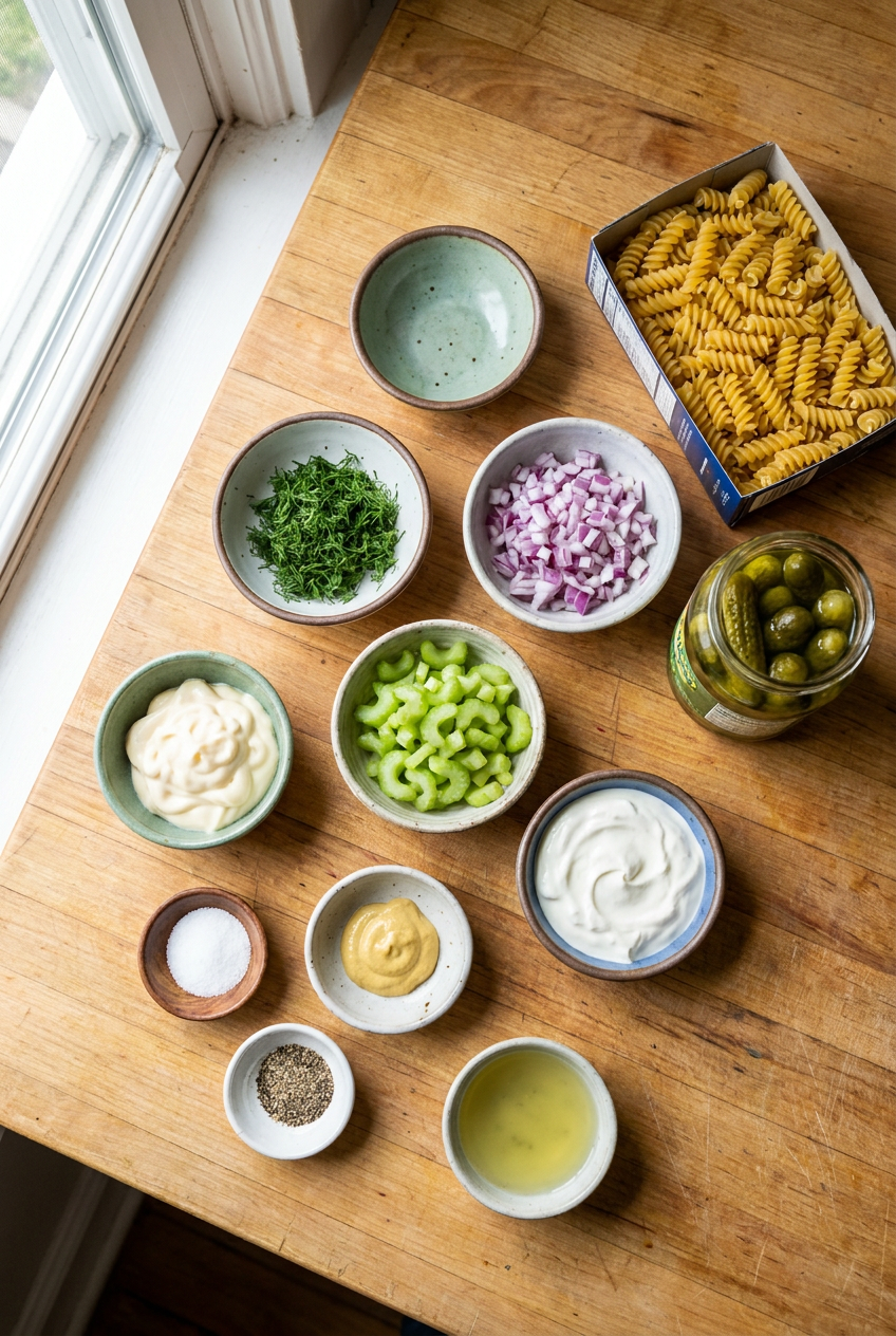 ingredients for Creamy Dill Pickle Pasta Salad