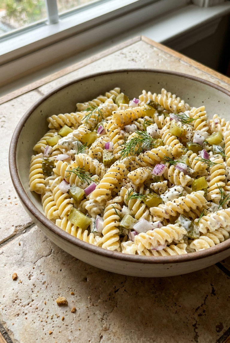 creamy dill pickle pasta salad recipe - Creamy Dill Pickle Pasta Salad served in a white bowl overhead view