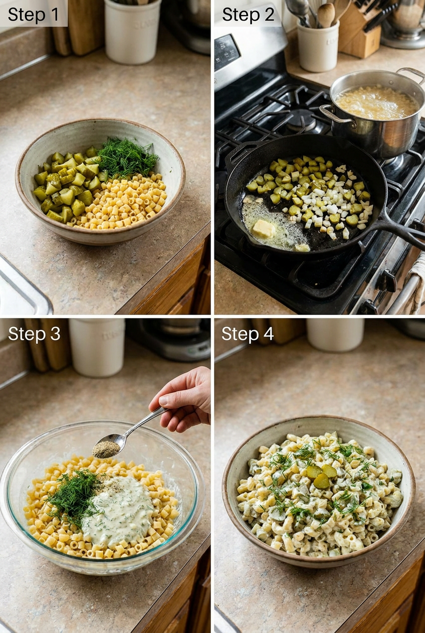 how to make Creamy Dill Pickle Pasta Salad step by step