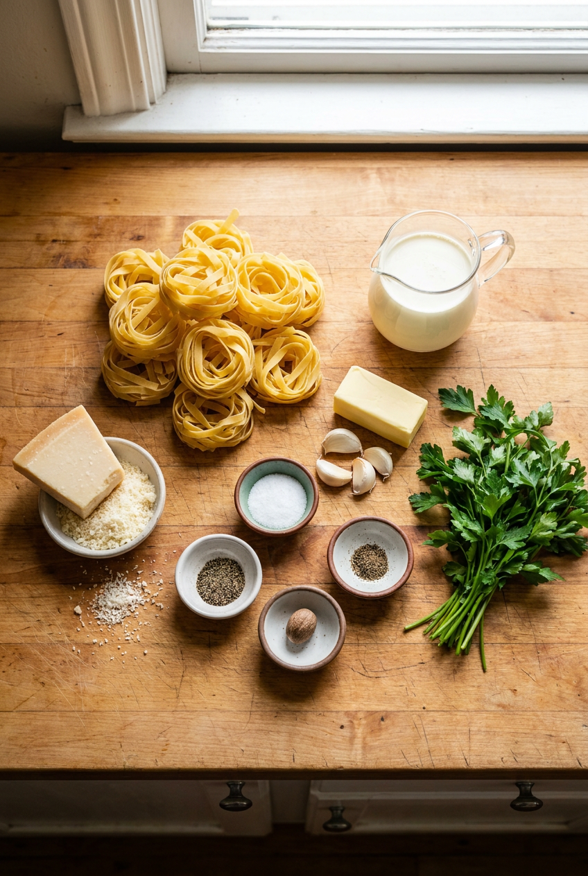 ingredients for Creamy Fettuccine Alfredo