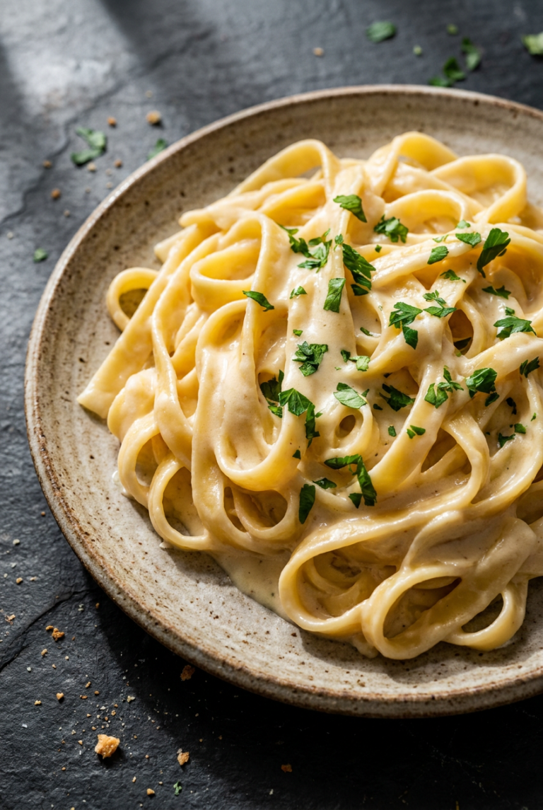 creamy fettuccine alfredo recipe - Creamy Fettuccine Alfredo served in a white bowl overhead view