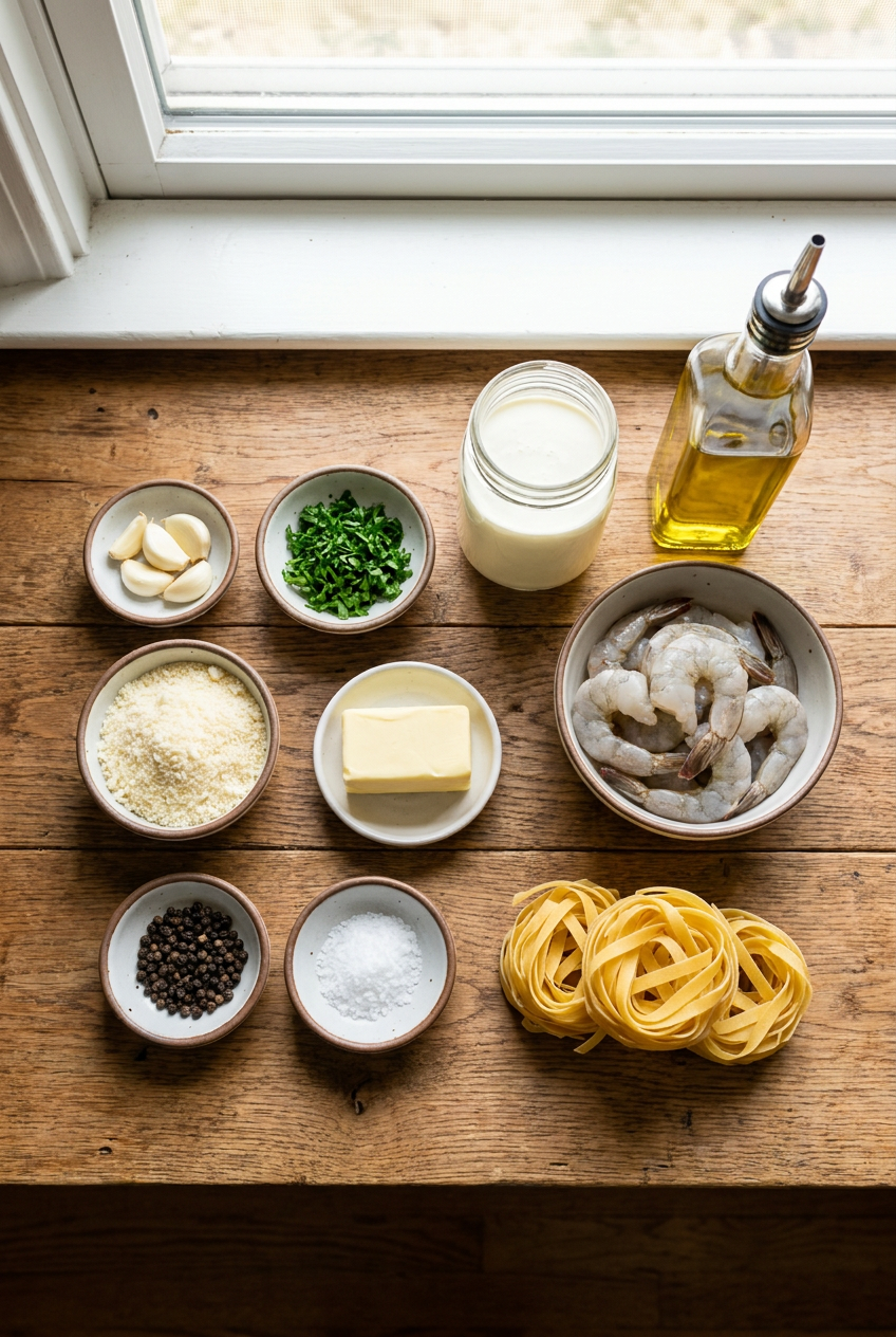 ingredients for Creamy Garlic Shrimp Alfredo Pasta