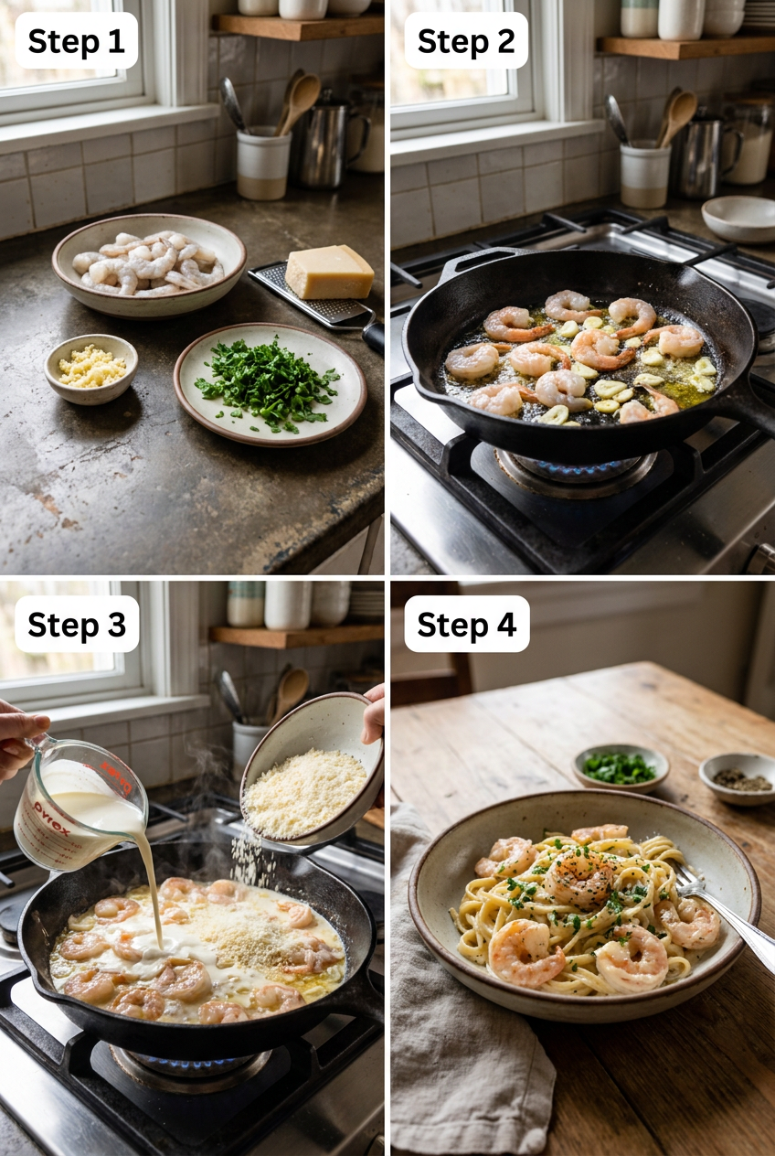 how to make Creamy Garlic Shrimp Alfredo Pasta step by step