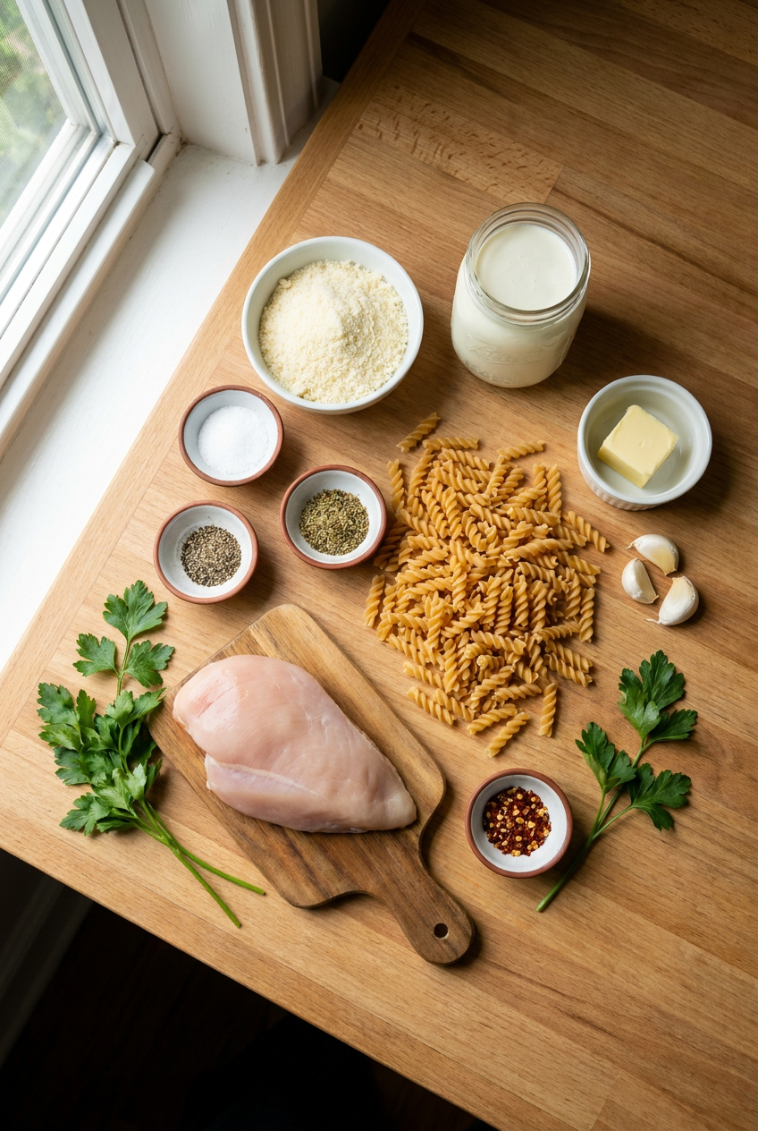 ingredients for Creamy High-Protein Chicken Alfredo with Chickpea Pasta