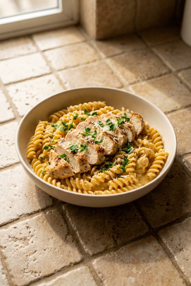 creamy high-protein chicken alfredo with chickpea pasta recipe - Creamy High-Protein Chicken Alfredo with Chickpea Pasta served in a white bowl overhead view