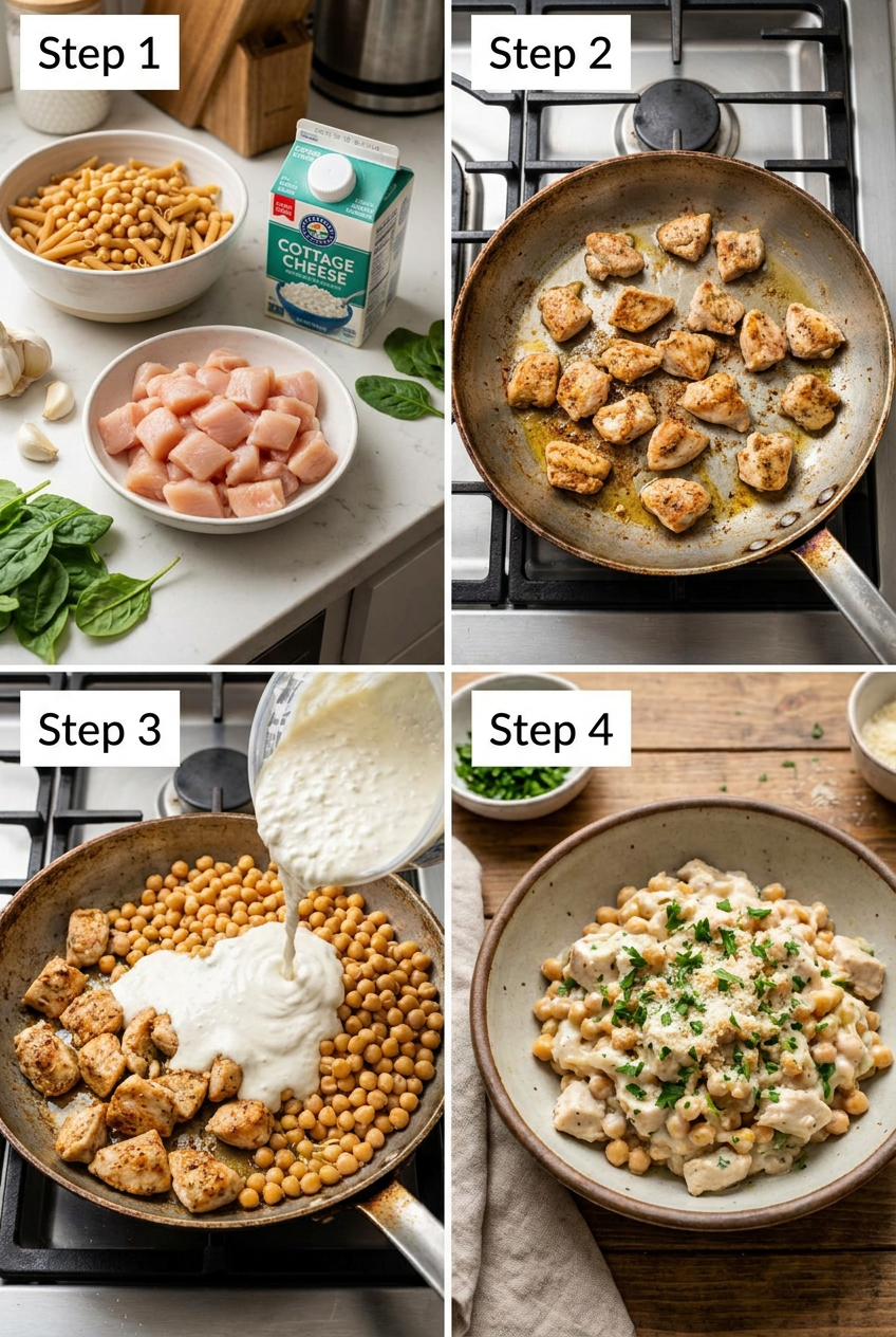 how to make Creamy High-Protein Chicken Alfredo with Chickpea Pasta step by step