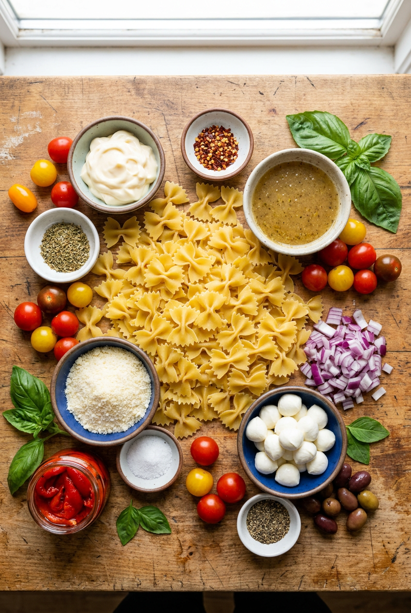 ingredients for Creamy Italian Bowtie Pasta Salad