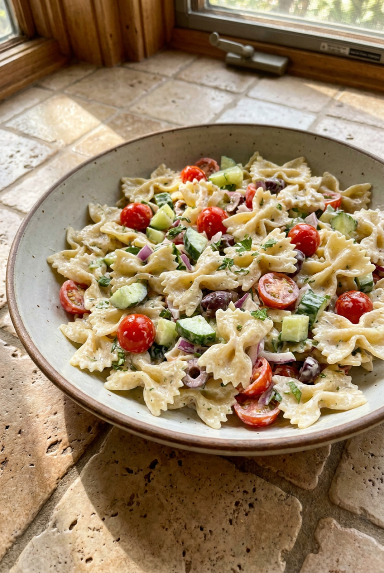 creamy italian bowtie pasta salad recipe - Creamy Italian Bowtie Pasta Salad served in a white bowl overhead view