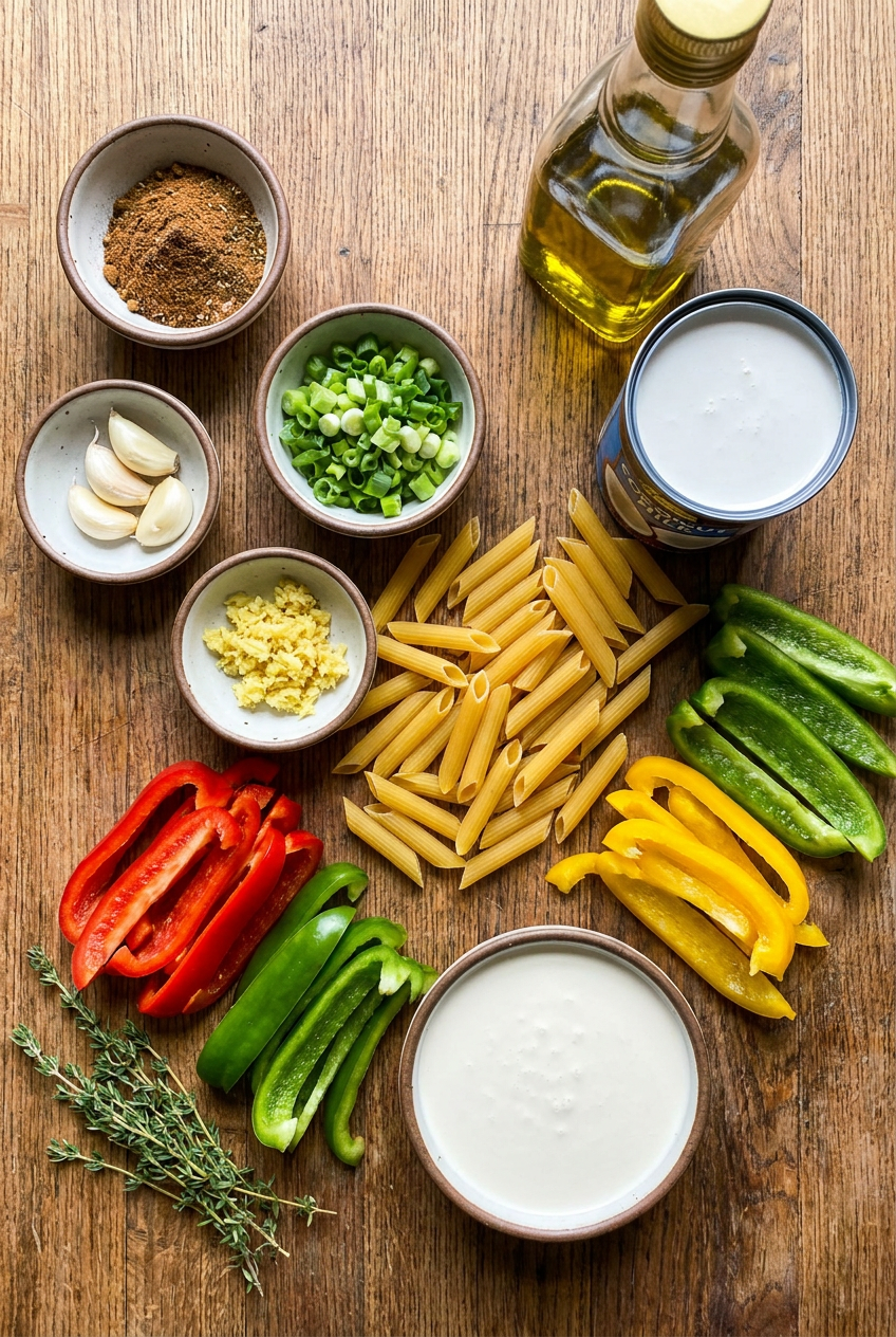 ingredients for Creamy Jerk Rasta Pasta