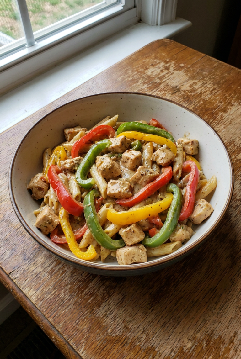 creamy jerk rasta pasta recipe - Creamy Jerk Rasta Pasta served in a white bowl overhead view