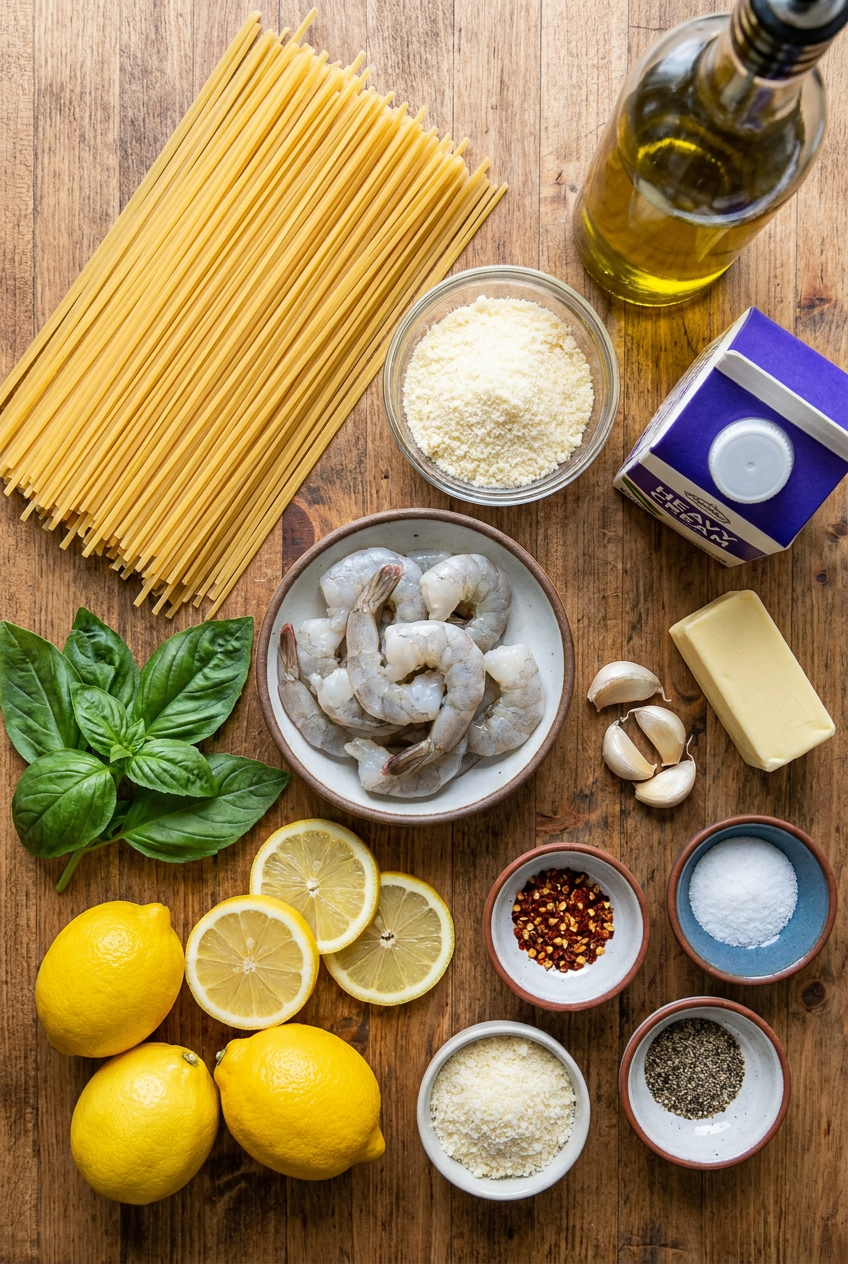 ingredients for Creamy Lemon Basil Shrimp Pasta