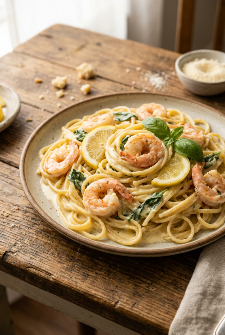 creamy lemon basil shrimp pasta recipe - Creamy Lemon Basil Shrimp Pasta served in a white bowl overhead view
