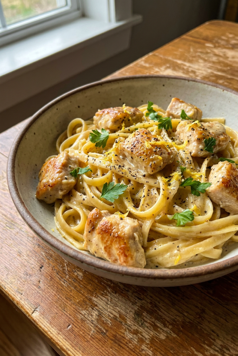 creamy lemon chicken pasta recipe - Creamy Lemon Chicken Pasta served in a white bowl overhead view