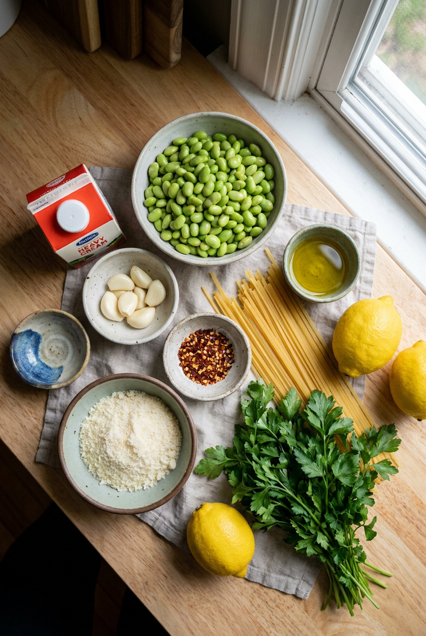 ingredients for Creamy Lemon-Garlic Edamame Pasta
