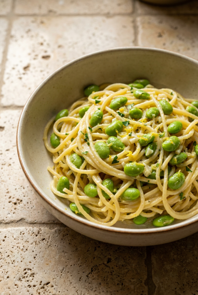 creamy lemon-garlic edamame pasta recipe - Creamy Lemon-Garlic Edamame Pasta served in a white bowl overhead view