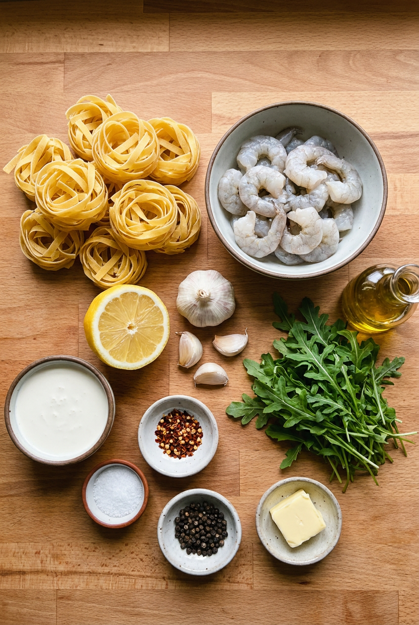 ingredients for Creamy Lemon Garlic Fettuccine with Seared Shrimp and Arugula