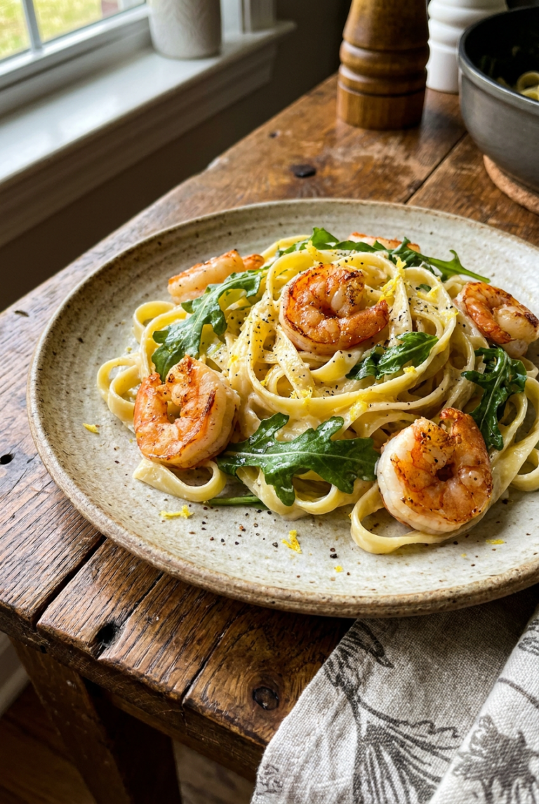creamy lemon garlic fettuccine with seared shrimp and arugula recipe - Creamy Lemon Garlic Fettuccine with Seared Shrimp and Arugula served in a white bowl overhead view