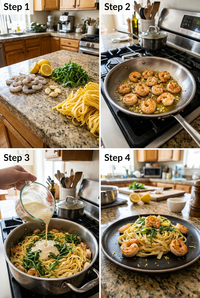 how to make Creamy Lemon Garlic Fettuccine with Seared Shrimp and Arugula step by step