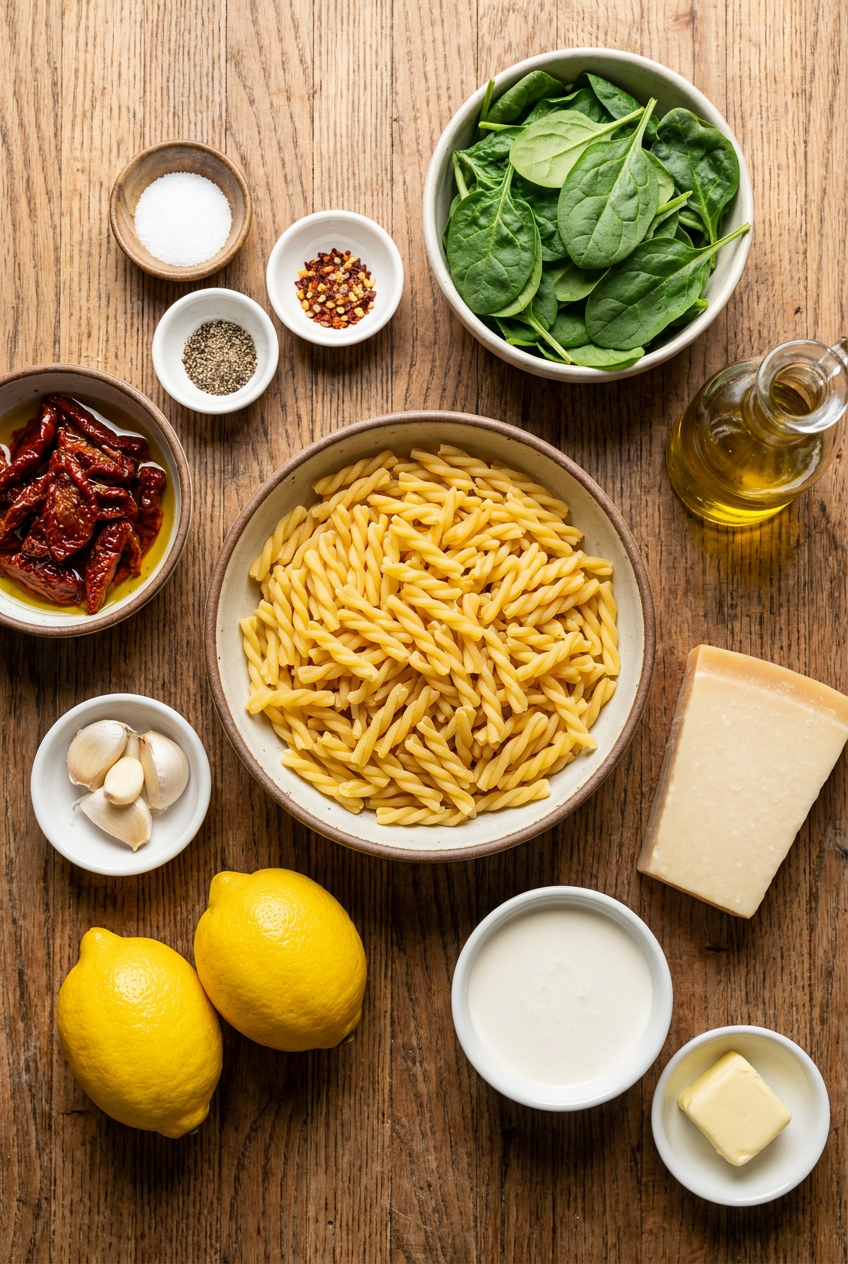 ingredients for Creamy Lemon Garlic Gemelli with Spinach and Sun-Dried Tomatoes