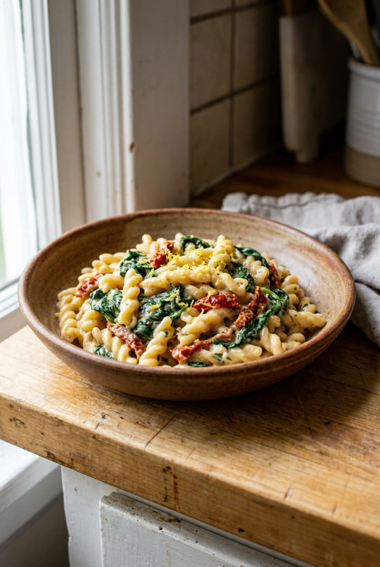 creamy lemon garlic gemelli with spinach and sun-dried tomatoes recipe - Creamy Lemon Garlic Gemelli with Spinach and Sun-Dried Tomatoes served in a white bowl overhead view
