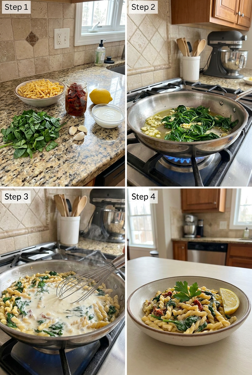 how to make Creamy Lemon Garlic Gemelli with Spinach and Sun-Dried Tomatoes step by step