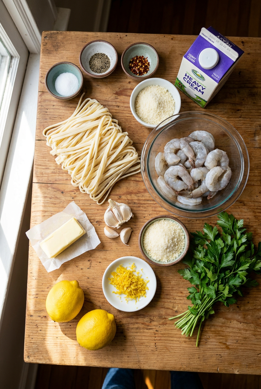 ingredients for Creamy Lemon Garlic Hearts of Palm Pasta with Sautéed Shrimp