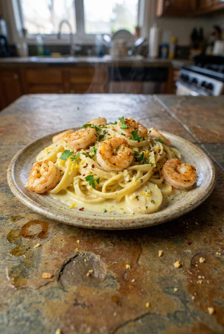 creamy lemon garlic hearts of palm pasta with sautéed shrimp recipe - Creamy Lemon Garlic Hearts of Palm Pasta with Sautéed Shrimp served in a white bowl overhead view