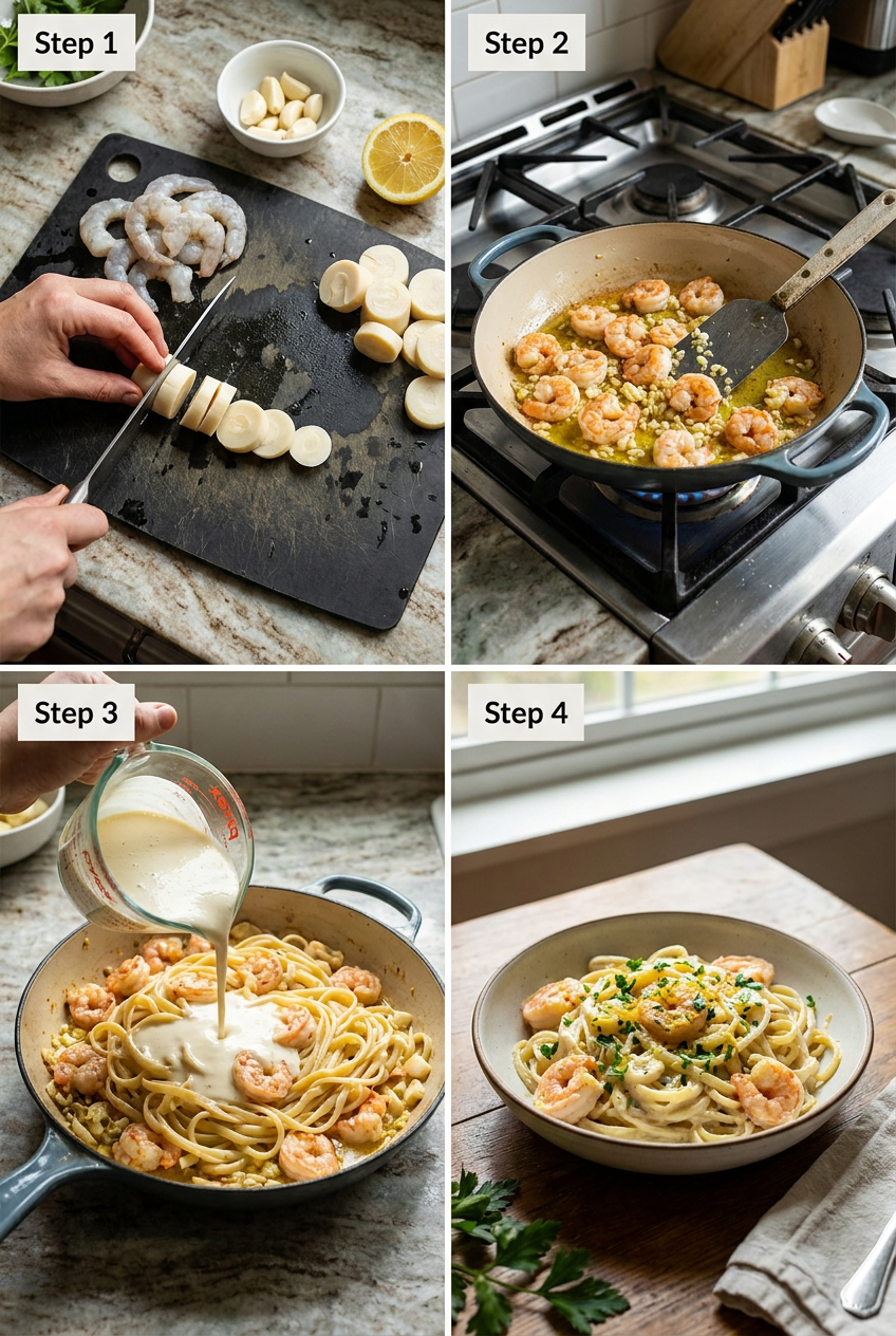 how to make Creamy Lemon Garlic Hearts of Palm Pasta with Sautéed Shrimp step by step