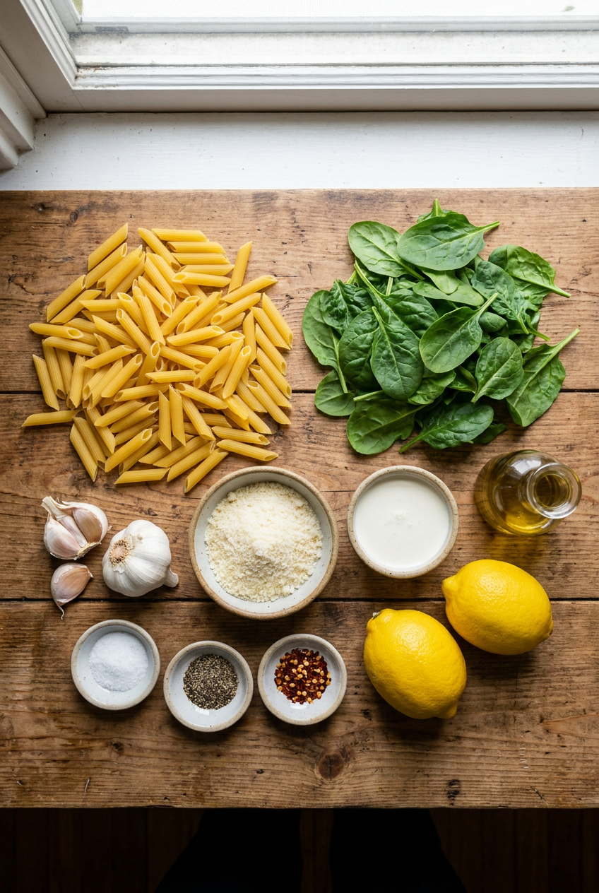 ingredients for Creamy Lemon Garlic Pasta with Spinach