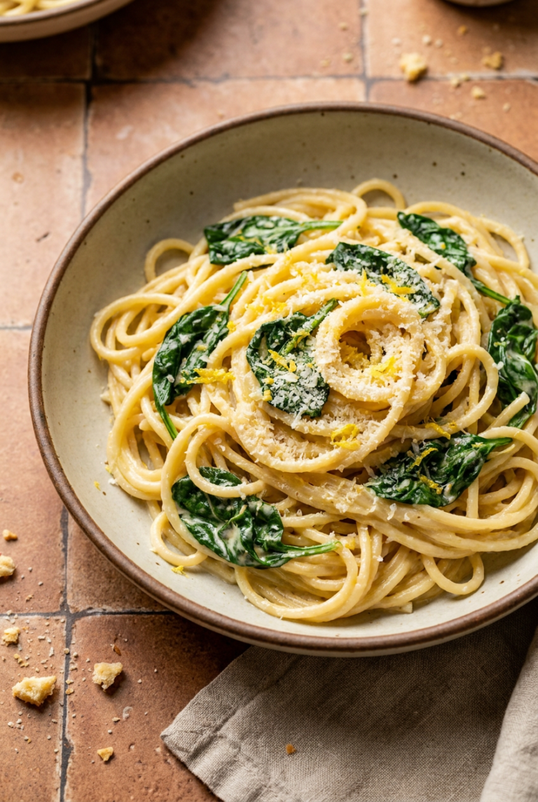 creamy lemon garlic pasta with spinach recipe - Creamy Lemon Garlic Pasta with Spinach served in a white bowl overhead view
