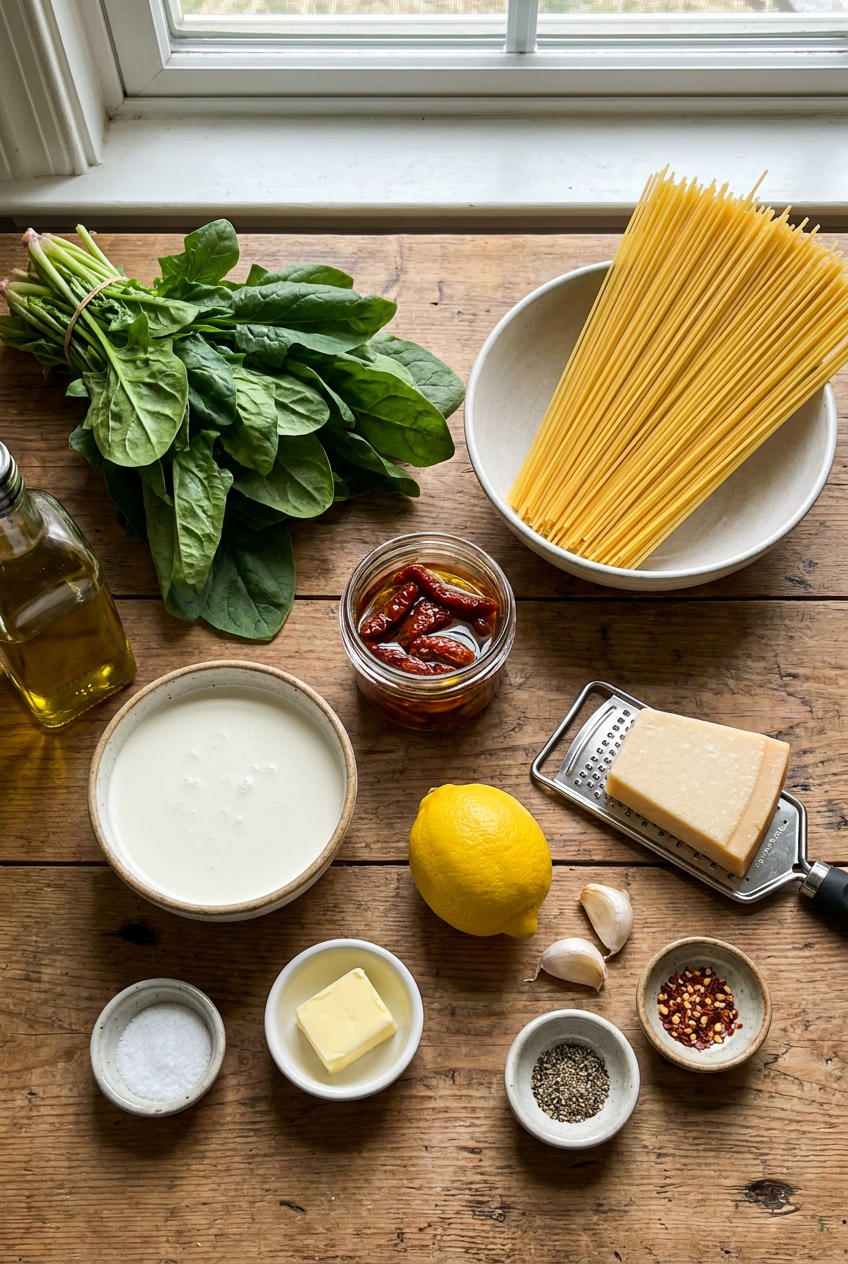 ingredients for Creamy Lemon Garlic Pasta with Spinach & Sun-Dried Tomatoes