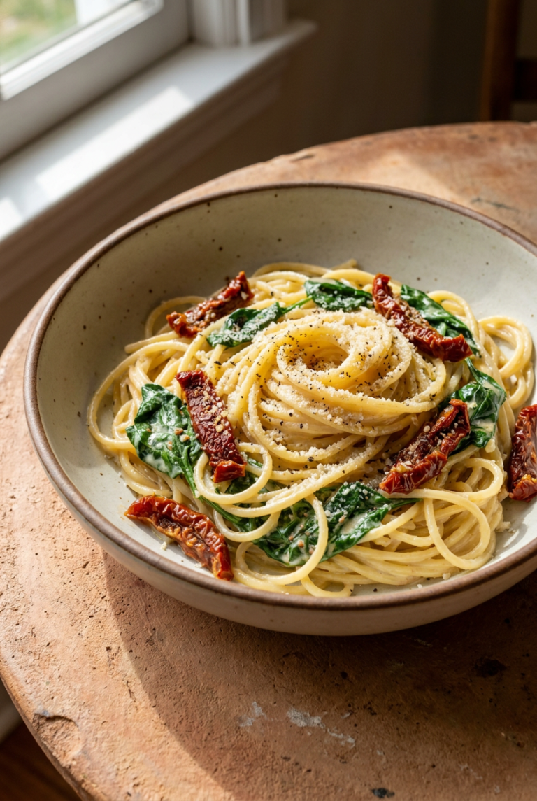 creamy lemon garlic pasta with spinach & sun-dried tomatoes recipe - Creamy Lemon Garlic Pasta with Spinach & Sun-Dried Tomatoes served in a white bowl overhead view
