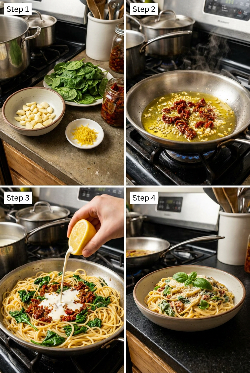 how to make Creamy Lemon Garlic Pasta with Spinach & Sun-Dried Tomatoes step by step