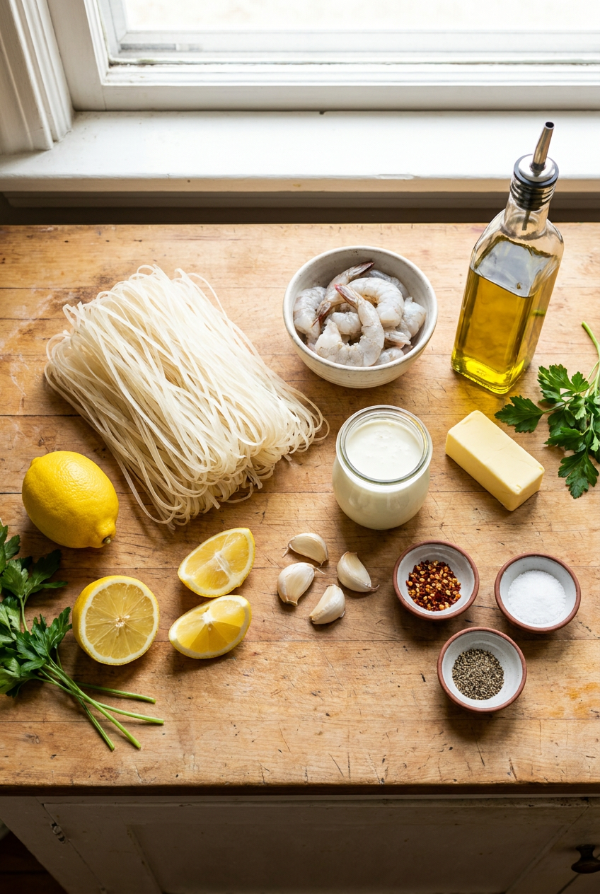 ingredients for Creamy Lemon Garlic Shrimp Gluten-Free Pasta