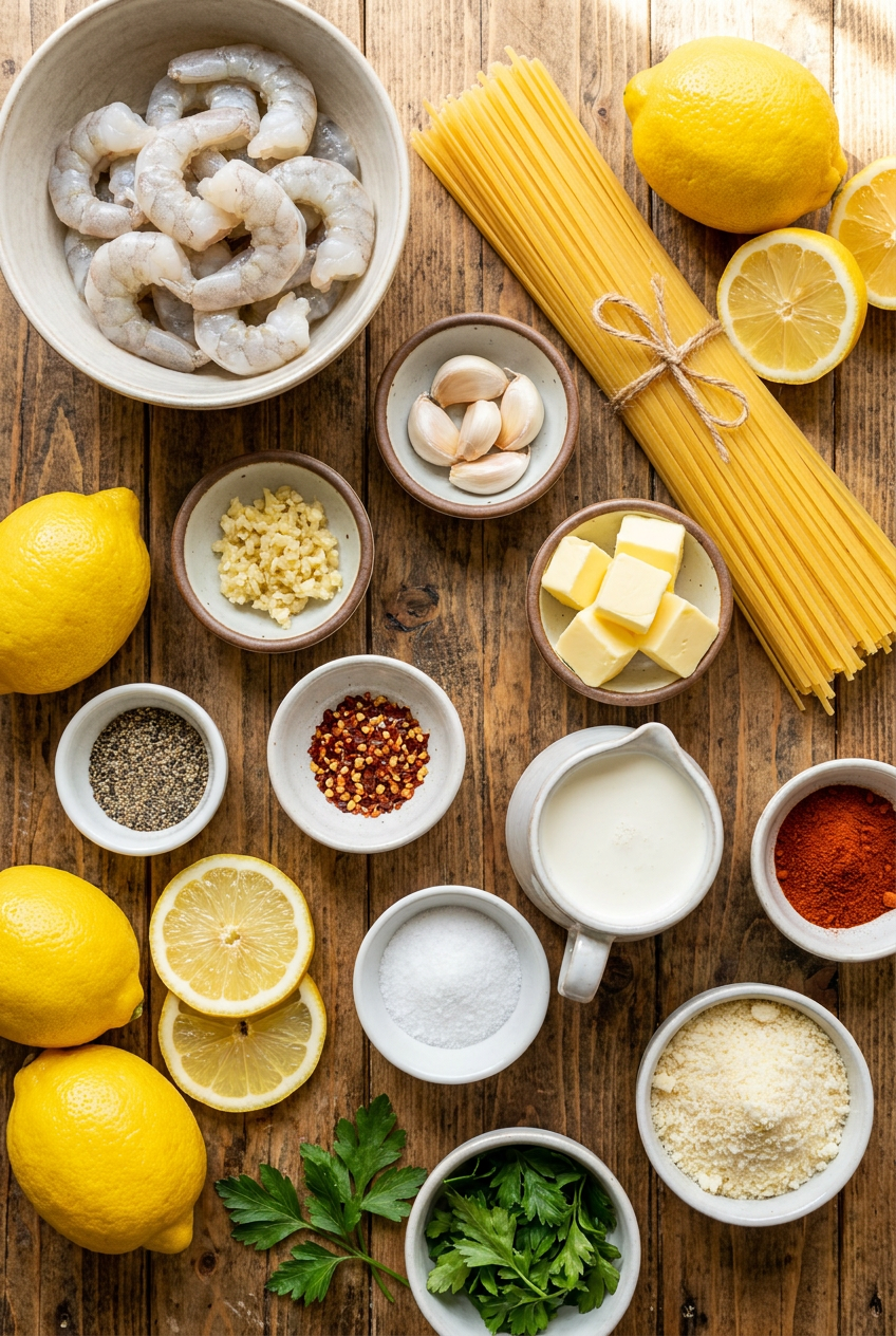 ingredients for Creamy Lemon Garlic Shrimp Pasta