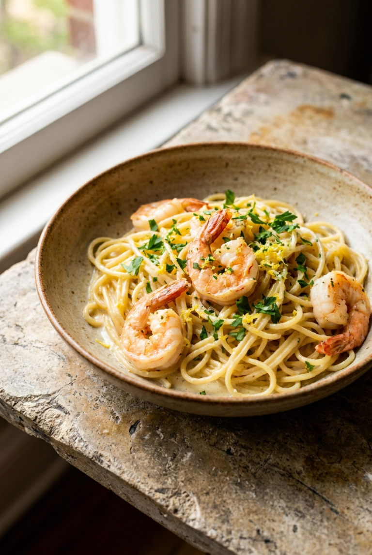 creamy lemon garlic shrimp pasta recipe - Creamy Lemon Garlic Shrimp Pasta served in a white bowl overhead view