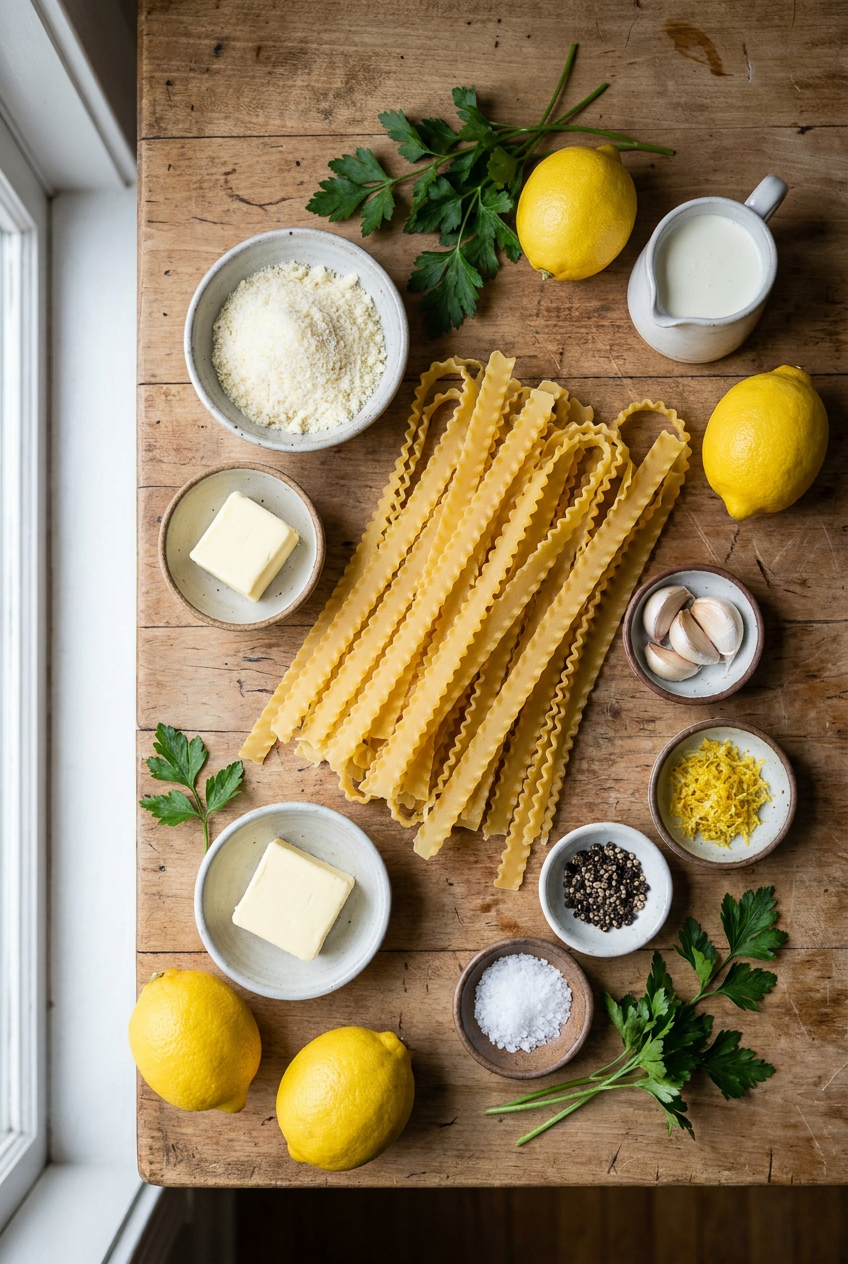 ingredients for Creamy Lemon Parmesan Mafaldine