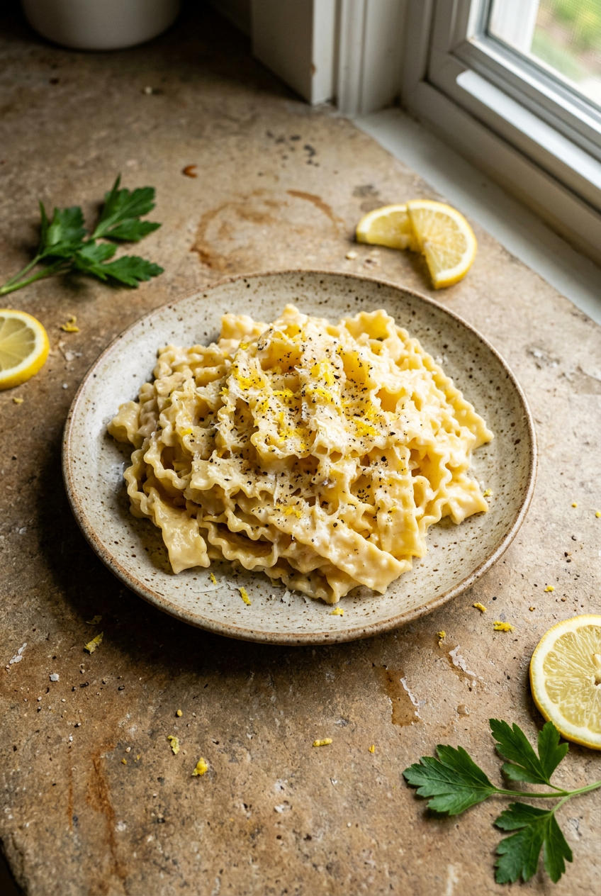 creamy lemon parmesan mafaldine recipe - Creamy Lemon Parmesan Mafaldine served in a white bowl overhead view