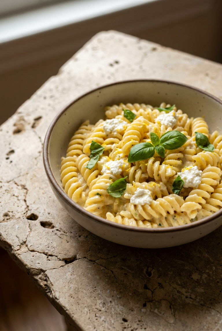creamy lemon ricotta pasta recipe - Creamy Lemon Ricotta Pasta served in a white bowl overhead view