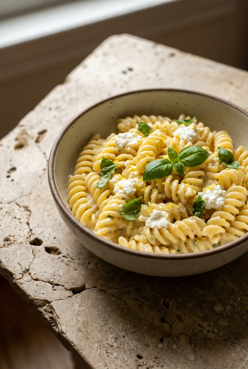 creamy lemon ricotta pasta recipe - Creamy Lemon Ricotta Pasta served in a white bowl overhead view