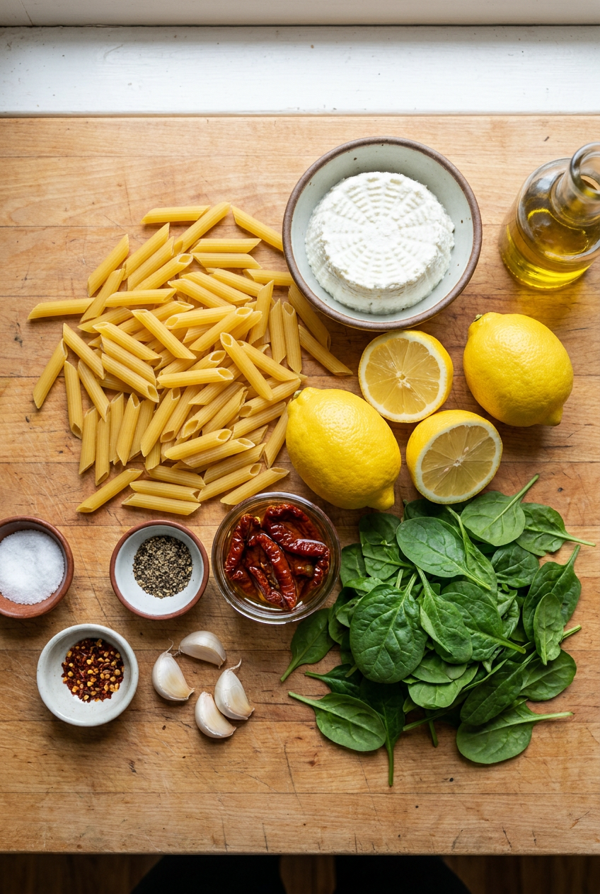 ingredients for Creamy Lemon Ricotta Pasta with Spinach & Sun-Dried Tomatoes