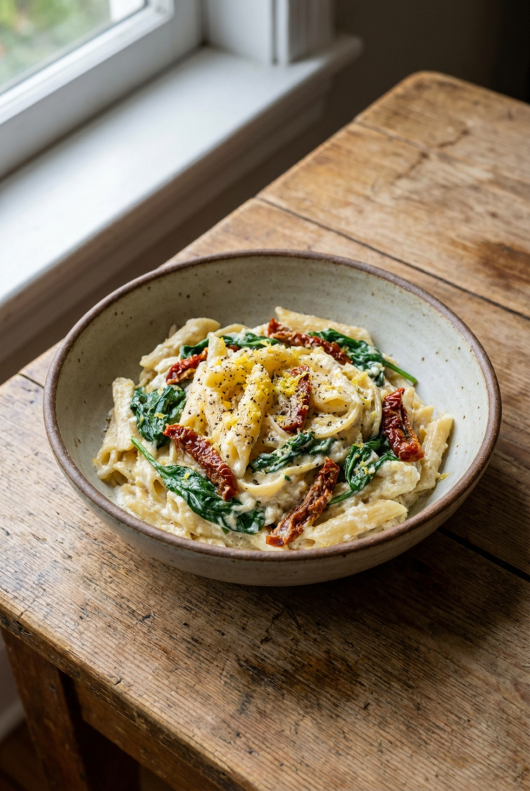 creamy lemon ricotta pasta with spinach & sun-dried tomatoes recipe - Creamy Lemon Ricotta Pasta with Spinach & Sun-Dried Tomatoes served in a white bowl overhead view