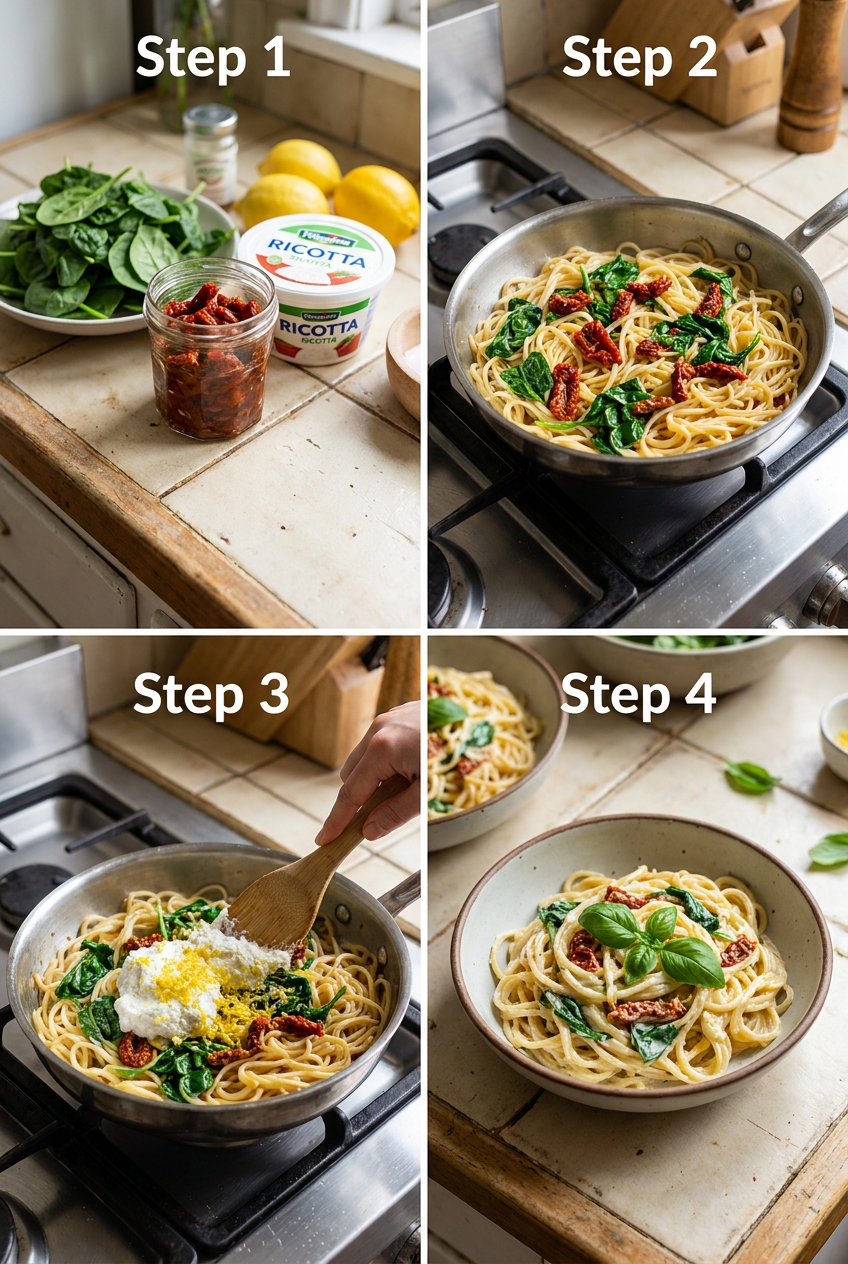 how to make Creamy Lemon Ricotta Pasta with Spinach & Sun-Dried Tomatoes step by step