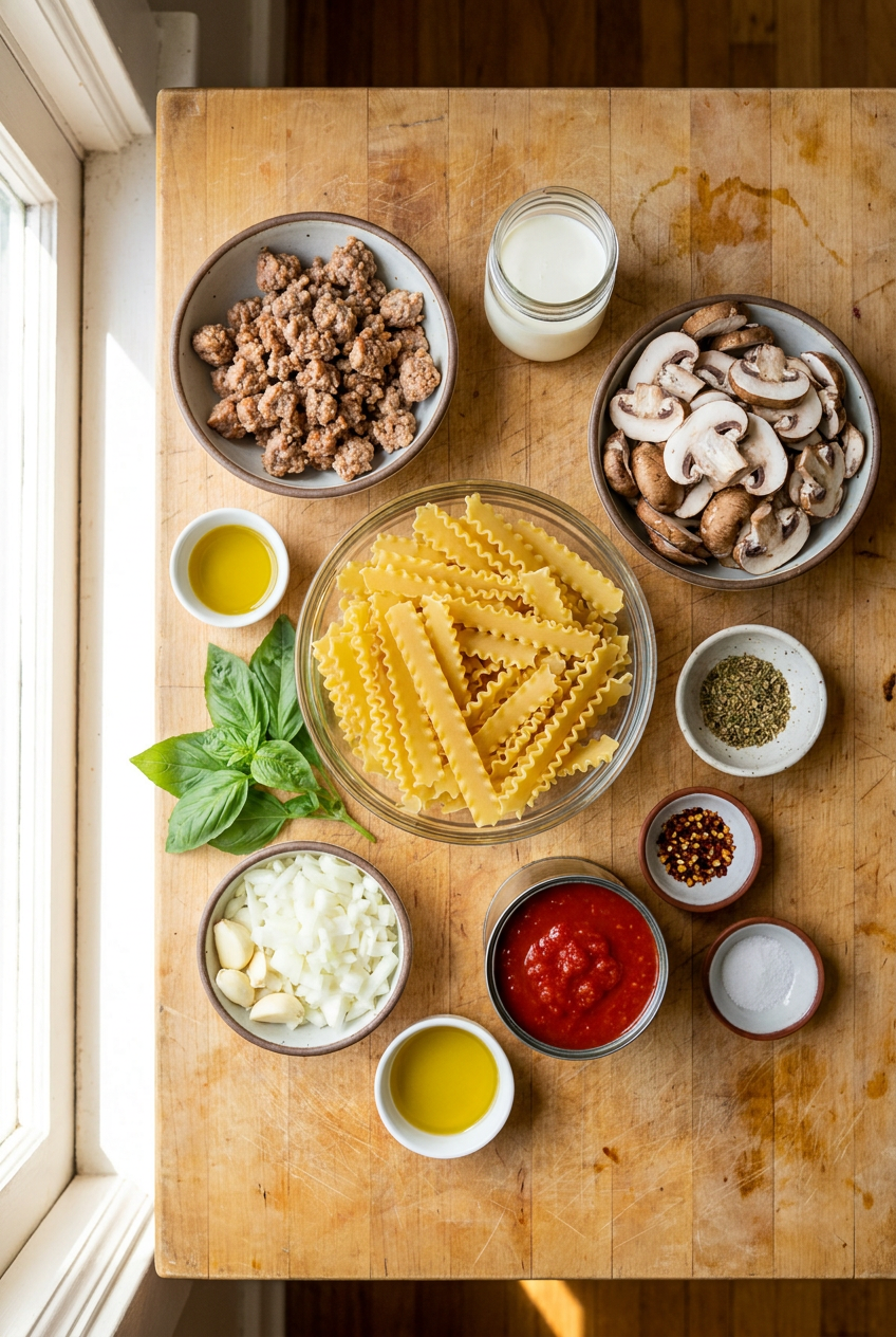 ingredients for Creamy Mafalda with Italian Sausage & Mushroom Ragu